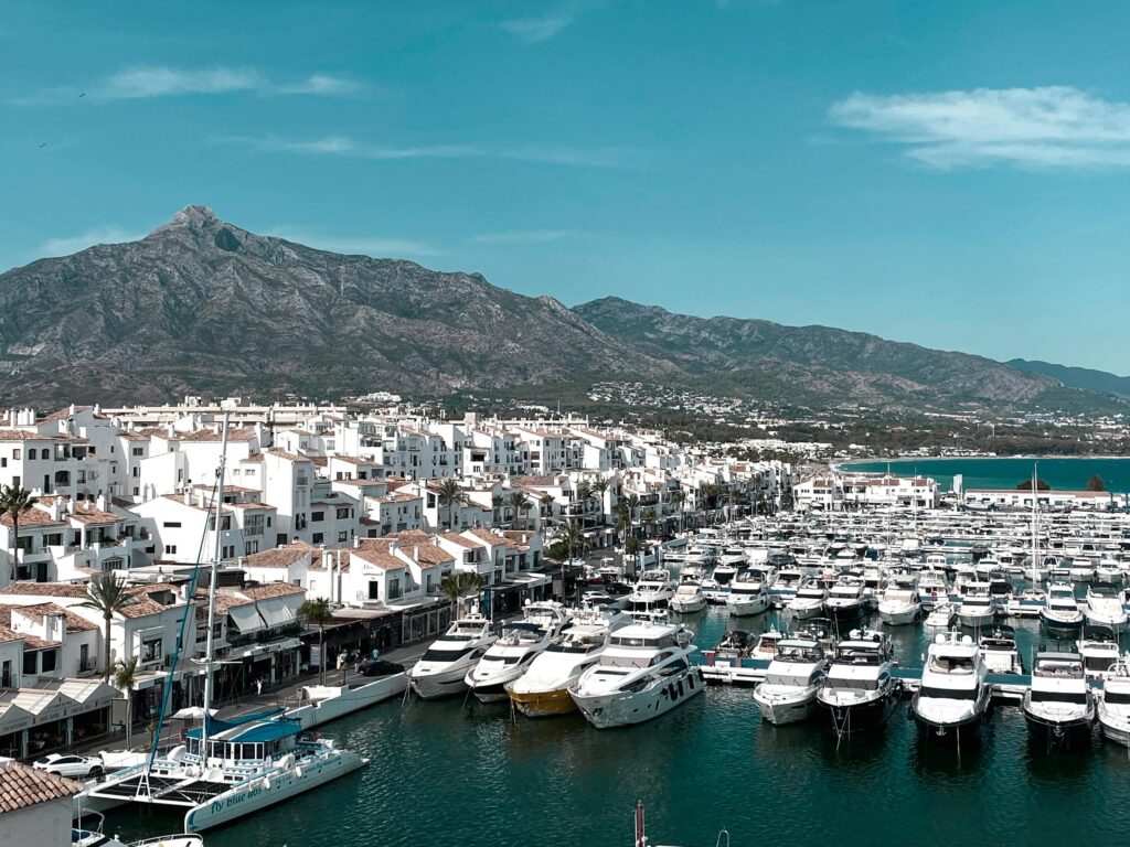 Photograph of White Boats Near a Town